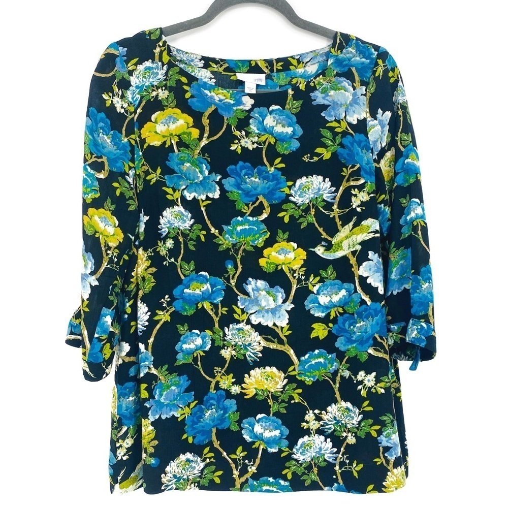 J. Jill Blue Bird & Floral Boat Neck Blouse Sz XS